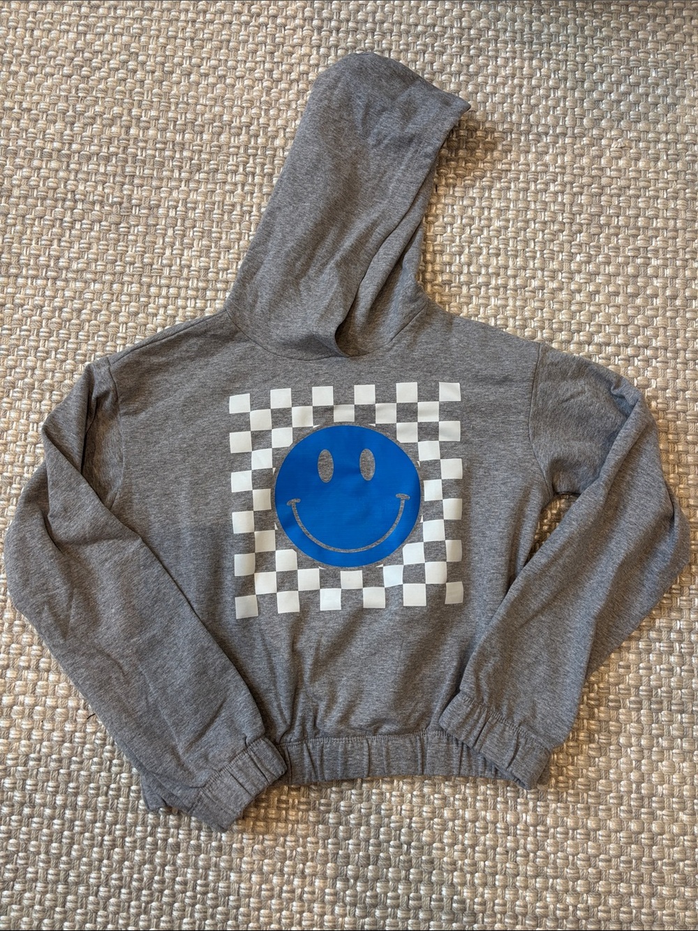 Kids Gray Hoodie with Blue Smiley Graphic